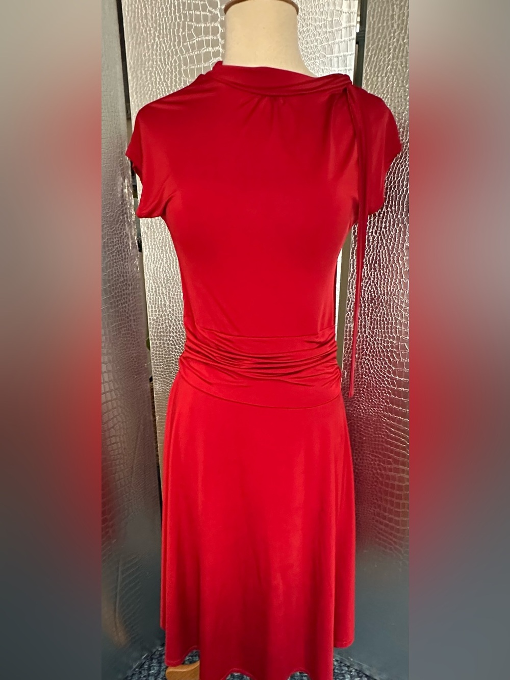 Retrolicious Red Draped Midi Dress with Ruched Waist and Shoulder Tie